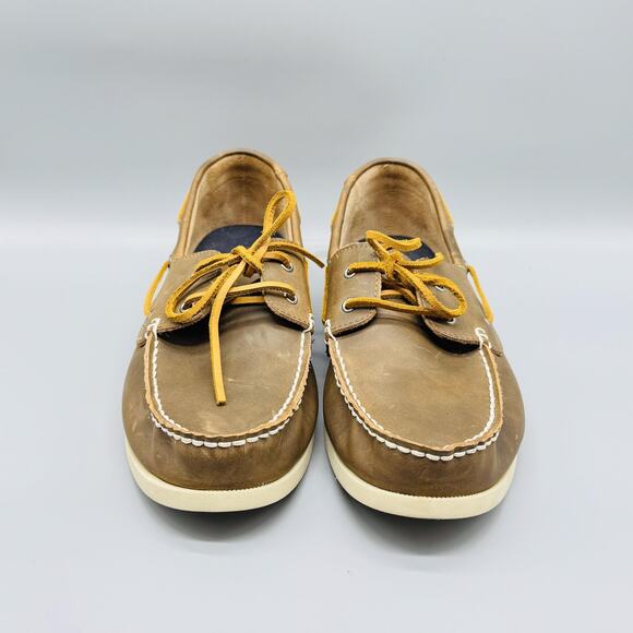 J Crew Shoes Mens 12 Brown Leather Boat Moc Toe Lace Up Slip On Casual Classic - Picture 3 of 10